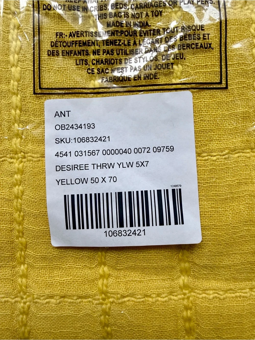 Anthropologie Desiree Cotton Windowpane Patch Throw Blanket 50x70 Yellow NWT